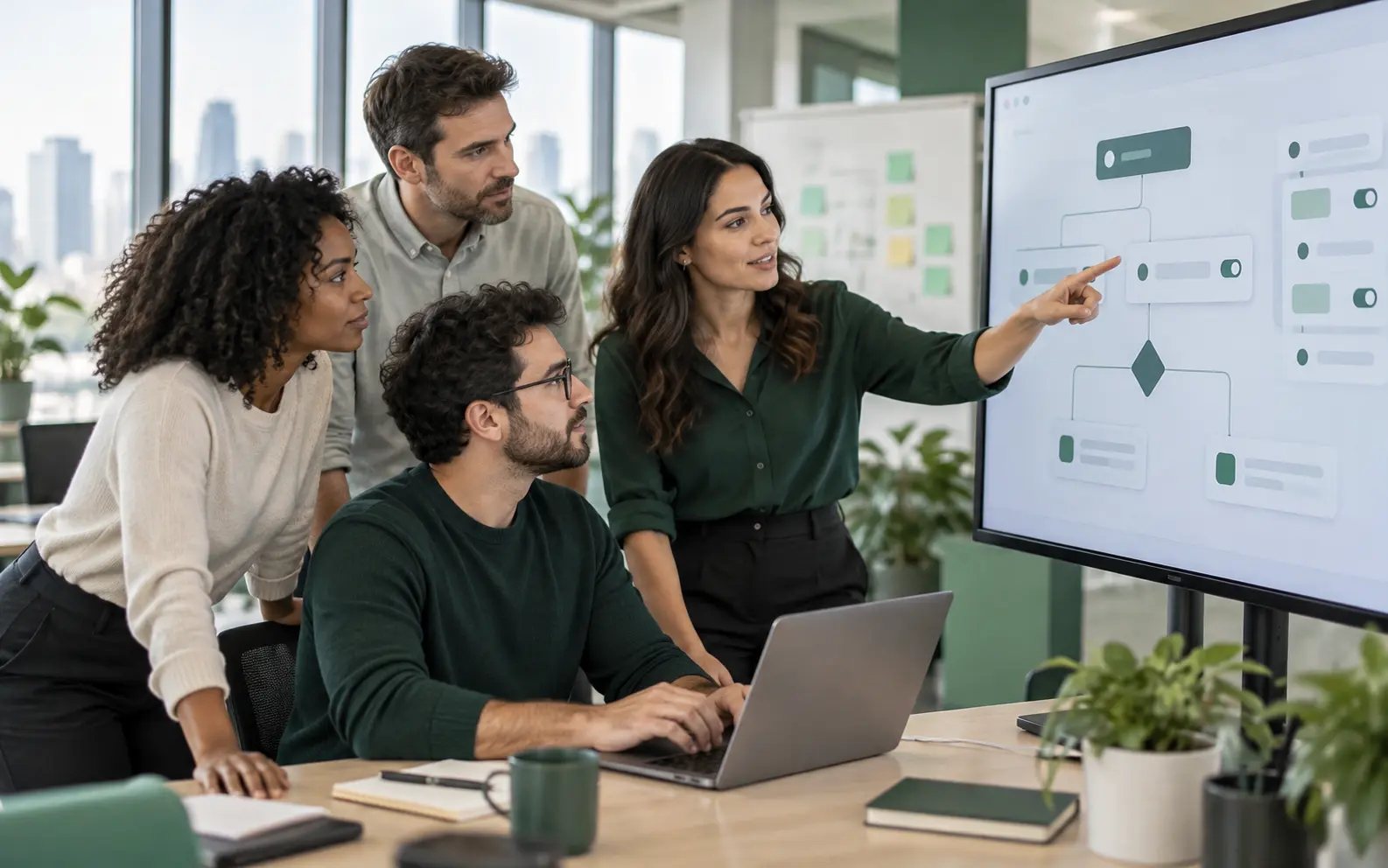 A team configuring loyalty accrual rules together in front of a large screen with flow diagrams